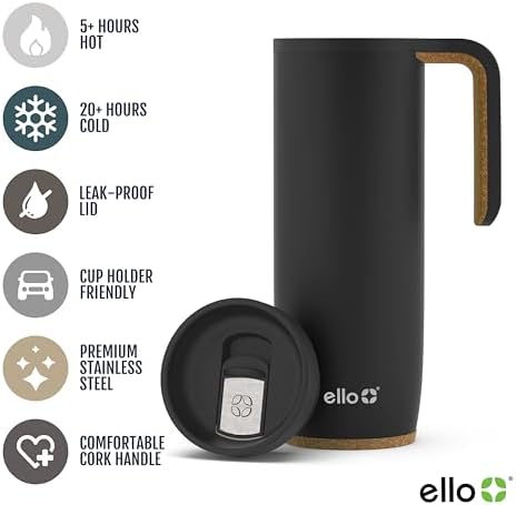 Ello Magnet 18oz Insulated Stainless Steel Travel Mug with Handle, Black
