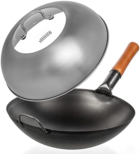 YOSUKATA Black Carbon Steel Wok Pan 14“ (Round Bottom) + Wok Lid 13.6 Inch - Premium Stainless Wok Cover with Tempered Glass Insert Steam Holes and Ergonomic Handle