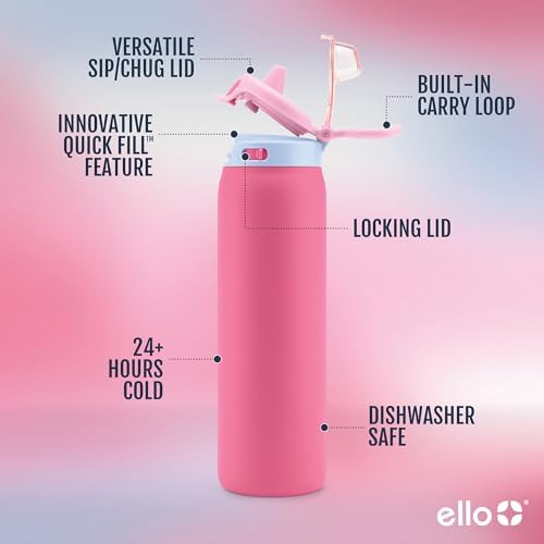 Ello Pop & Fill Insulated Stainless Steel Water Bottle with Quick Fill Lid, Leakproof Locking, Sip or Chug Spout, BPA-Free, Double Wall Vacuum Insulated for Sports, Travel & School- 22oz / 32oz / 40oz