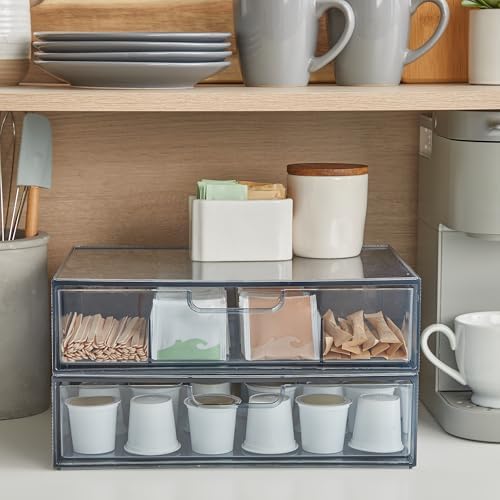 STORi STAX Plastic Stackable Organizer Drawers (Set of 2) Classic Grey | 12.5" Wide | Set Includes One Open Drawer & One Divided Drawer | Organize Office Desk Accessories & Sort Paper | Made in USA