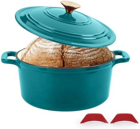 Enameled Cast Iron Dutch Oven with Lid&Silicone Grip, Round Casserole Pot for Bread Baking, Braising, Roasting,Stews,Heavy-Duty Baking Pan,Oven Safe, Induction Compatible (4.7QT,Lagoon)