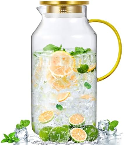 Bivvclaz 1 Gallon Gold Glass Pitcher with Lid and Handle, Water Pitcher for Fridge, Glass Carafe for Hot/Cold Water, Large Iced Tea Jug for Coffee, Juice and Homemade Beverage