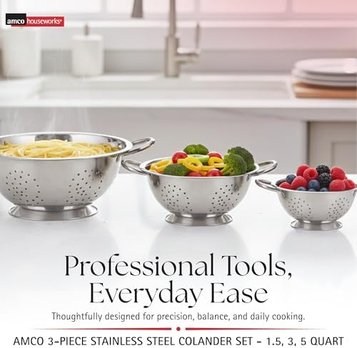 Amco 3-Piece Stainless Steel Colander Set, 1.5 Qt, 3 Qt & 5 Qt - Silver