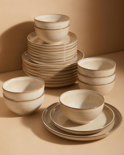 Pokini Stoneware Dinnerware Sets for 8, 24pcs Plates and Bowls Sets Dishes