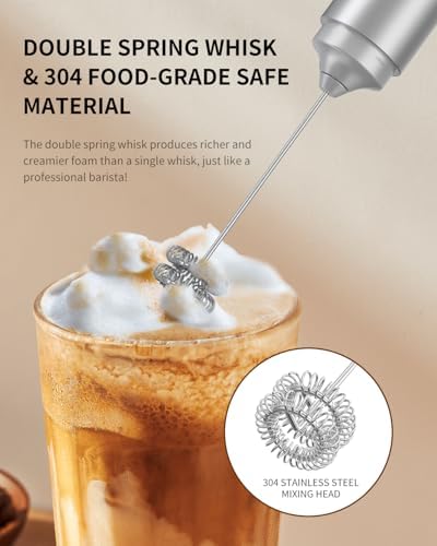 CIRCLE JOY Rechargeable Milk Frother Handheld, Dual Coil Whisk Head Electric Coffee Frother, Portable Hand Frother Wand Drink Mixer for Matcha Lattes Cappuccino, Kitchen Gifts, Silver