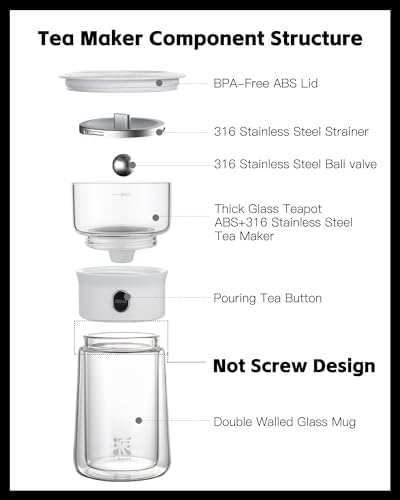 ZENS Modern Glass Infuser Pot, One Touch Tea Maker for Loose Leaf Tea
