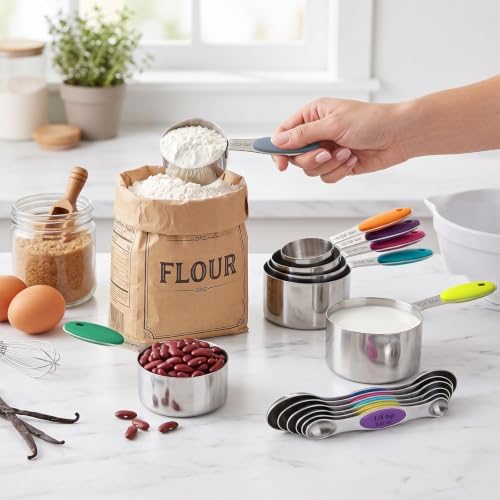 TILUCK measuring cups and magnetic measuring spoons set, stainless steel measuring cups, 6 double-sided stainless steel measuring spoons & 1 leveler (14)