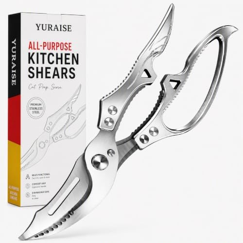 Heavy Duty Poultry Shears, Spring Loaded Kitchen Shears with Safety Lock - Sharp Stainless Steel Blades, Non-Slip Aluminum Handle, Dishwasher Safe Kitchen Scissors for Chicken, Turkey, Meat & Fish