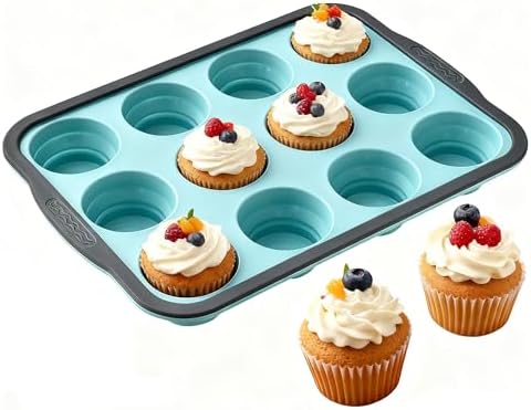 Silicone Muffin Pan for Baking with Metal Frame， Nonstick Cupcake Pan， 12 Cup Baking Pan for Cupcake, Tarts, Egg Bites(12 Cup Green)