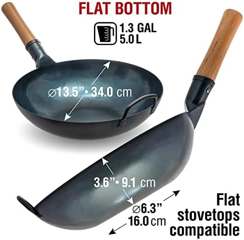 YOSUKATA Flat Bottom Wok Pan - 13.5" Blue Carbon Steel Wok + 17’’ Spatula and Ladle - Set of 2 Heat-Resistant Tools + Wok Lid 12.8 Inch