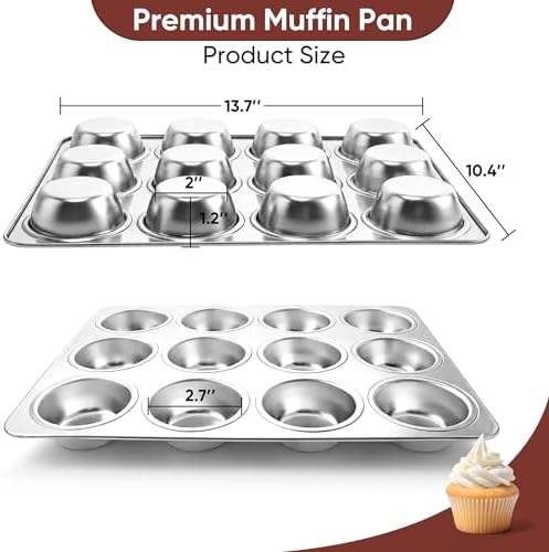 LIANYU 12 Cup Muffin Pan Tin for Baking, 4 Pack Stainless Steel Cupcake Pan