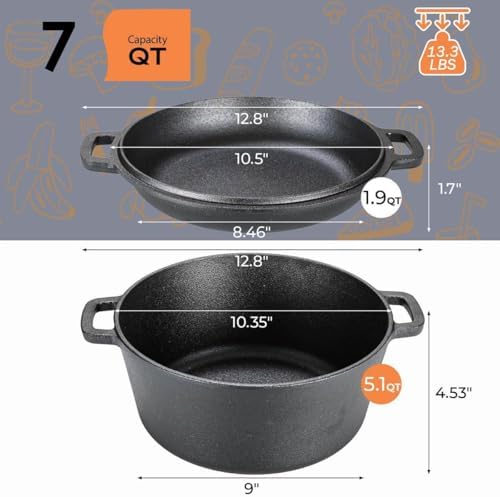 TLGREEN Cast Iron Dutch Oven 5.1QT Pot 1.9QT Skillet Lid Silicone Holders