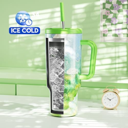Meoky 40 oz Tumbler with Handle and Straw: Stainless Steel Insulated Tumbler with Lid and Straw - 100% Leak Proof Tumbler for Car Cup Holders - Travelers Commuters Workers, Spring Field