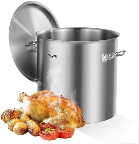VEVOR Stainless Steel Stockpot, 53 Quart Large Cooking Pots, Cookware Sauce Pot with Lid, and Handle, Heavy Duty Commercial Grade Stock Pot, Sanding Treatment, for Large Groups Events Silver