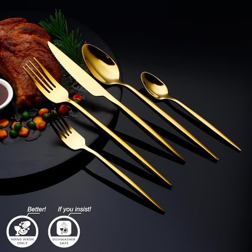 20 Piece Luxury Silverware Set for 4 Gold Mirror-Polished 18/10 Stainless Steel Heavy Flatware Set Modern Cutlery Set Knife/Fork/Spoon with Gifts for Home & Restaurant