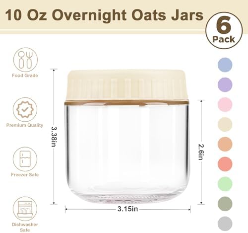 Overnight Oats Containers with Lids, 10oz Wide Mouth Mason Jars with Lids, 6 Pack Glass Jars with Airtight lid for Chia Pudding Yogurt Salad, Meal Prer Oatmeal Jars, Yellow