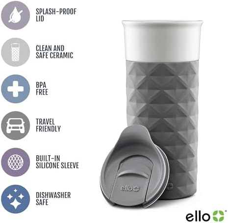 Ello Ogden Ceramic Travel Mug with Splash-Resistant Slider Lid and Protective Silicone Boot, Perfect for Coffee or Tea, BPA Free, Dishwasher Safe, Gray, 16 oz, 758-0438-040