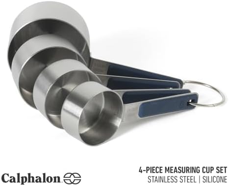 Calphalon Prime Measuring Cups, Kitchen Measurement Cup, 4-Piece Stainless Steel Kitchen Measuring Cup with Navy Silicone Handle Accurate, Durable for Dry and Liquid Ingredients