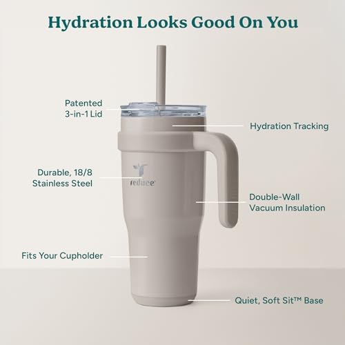 REDUCE 24 oz Stainless Steel Tumbler with Handle - Dual-Wall Vacuum Insulated Travel Mug, Sweat-Proof Lid & Reusable Straw - Keeps Drinks Cold for 24 Hrs, Fits Cupholders, Dishwasher Safe - Sand