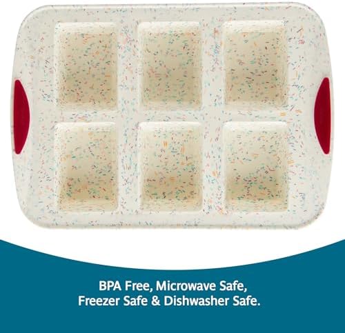 Trudeau Mini Loaf Pan – White Confetti/Fuchsia, 6-Cavity Nonstick Silicone Bakeware for Homemade Bread, Banana Bread, Pound Cake, and Mini Desserts – Flexible, BPA-Free, Dishwasher Safe