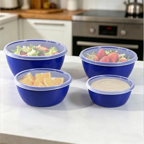 4-Piece Classic Plastic Prep Bowls with Lids, Nesting Plastic Small Mixing Bowl Set for Mixing, Baking, Prepping, Cooking and Serving Food, Microwave and Dishwasher Safe (Blue)