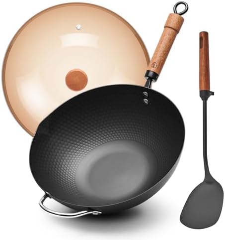 WANGYUANJI Carbon Steel Wok with Lid, 12.6" Hammered Stir Fry Pan with Helper Handle & Iron Spatula, Thickened Heavy Duty Flat Bottom Wok for Induction, Electric & Gas Stoves, Metal Utensil Safe