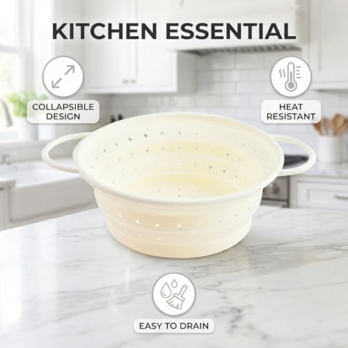 Collapsible Silicone Colander with Handles, Round Strainer with Stainless Steel Rim, Space Saving Kitchen Tool for Fruits & Vegetables,BPA-Free,Heat-Resistant Pasta Drainer (White, S)