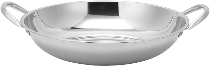 Double Handle Cooking Wok Flat Bottom Pan Stainless Steel Kitchen Pot for Hot Pot Stew and Seafood 9.05X8.66X1.96 Inch