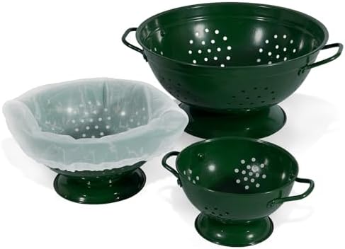 Metal Colander Set of 3, Strainer Basket with Handles perfect for Spaghetti, Pasta, Berry, Vegetable, Fruit, Solid Base Powder Coated Kitchen Essential Strainer Set, 1 & 3.5 & 5 Qt (Dark Green)