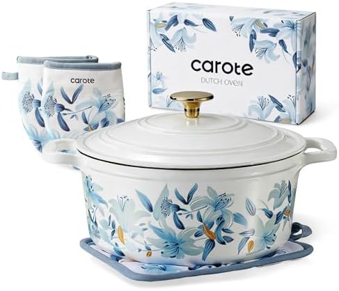 CAROTE 5QT Enameled Floral Cast Iron Dutch Oven Pot with Lid
