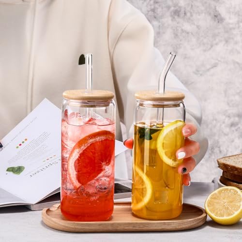 DWTS DANWEITESI Glass Cups “20oz”,Glass Cups with Lids and Straws 4 pcs-Coffee Cups,Drinking Glasses Set,Glass Tumbler with Straw and Lid Gift 2 Cleaning Brushes 600ml