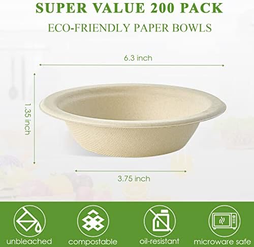 Vplus 200 Pack 12 OZ Compostable Paper Bowls, Bagasse Bowls，Nature
