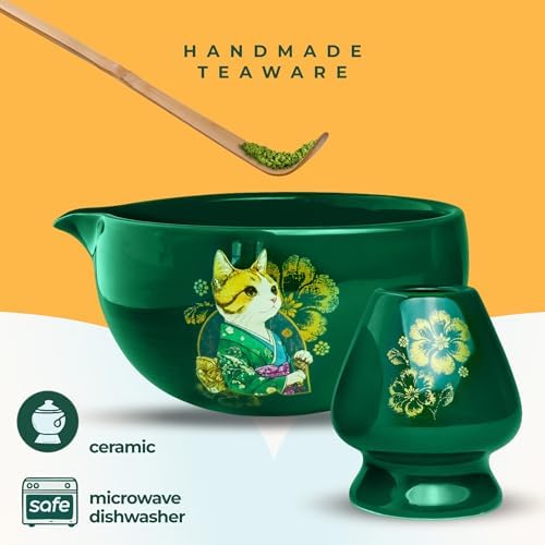 Cat Matcha Set Green, Bowl with Whisk Holder Scoop Sifter and Cloth, Japanese Tea Ceremony Kit, Unfurl Gift Box