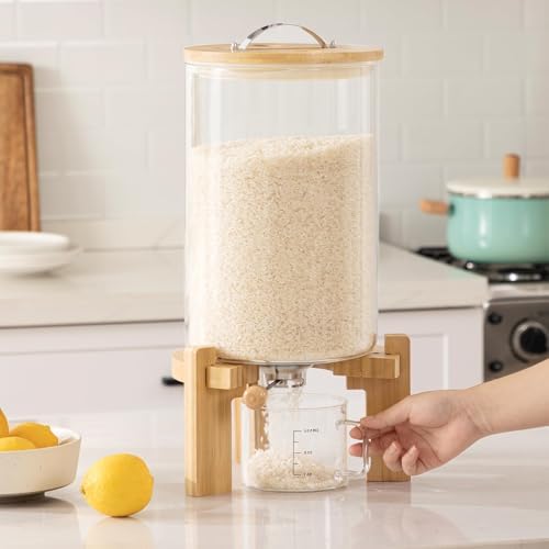 HBlife 14-16 Lbs Glass Rice Dispenser with Wooden Stand Flour and Cereal Container with Glass Measuring Cup Pantry Food Organization Storage Bin with Airtight Bamboo Lid, 8L