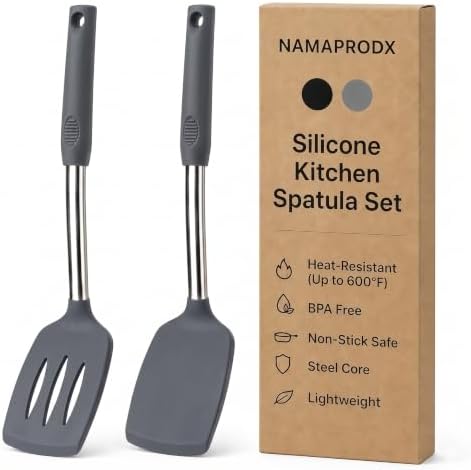 Silicone Spatula Set (2-Pc) - 600°F Heat Resistant, BPA Free, Non-Scratch, Dishwasher Safe I Slotted & Solid Kitchen Spatula Turners I Ideal for Eggs, Pancakes, Fish I Stainless Steel I Gray