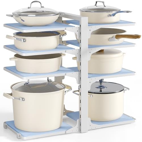 LAMU Pots and Pans Organizer under Cabinet, 8 Tier Heavy Duty Pan Organizers inside Cabinet, Adjustable Pot Rack for Small Kitchen Storage, 15" Height Holds Cast Iron Pans and Skillets White