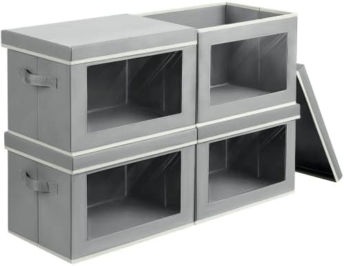 Homsorout Storage Bins with Lids, 4 Pack Large Storage Cubes with Window, Closet Bins with Lids & Handles, Fabric Box for Organizing Clothes, Towels, Books, Grey