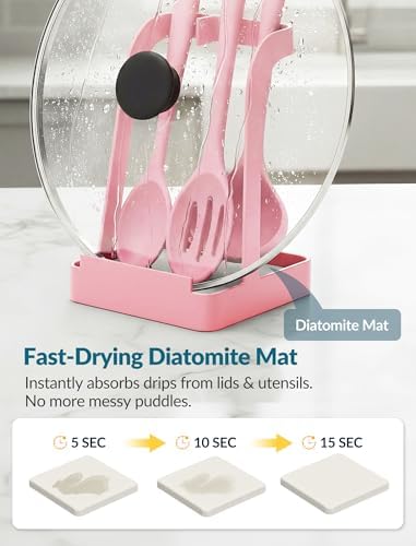 NiHome Pot Lid & Spoon Rest, Diatomite Tray Ladle Holder, Stove Top, Pink