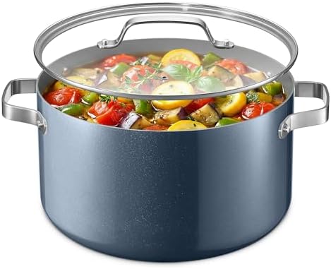 Bakken 12.5 Quart Ceramic Coated Stock Pot with Lid, Easy Clean Nonstick Pot, Tempered Glass Lid, Riveted Stainless Steel Handles, Oven Safe Up To 500°F, PTFE & PFAS Free, All Stove Compatible, Blue