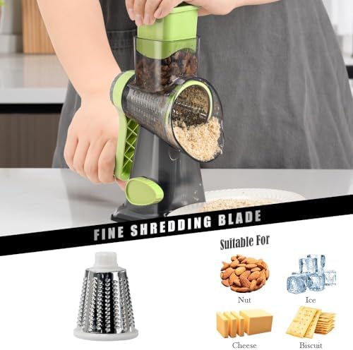 Badelite Cheese Grater Hand Crank Rotating Cheese Shredder Stainless Steel Vegetable Slicer Grater for Kitchen 3 Blades for Cheese, Carrot, Cucumber, Nuts, Chocolate, Green