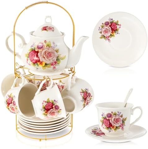 Zhehao 20 Pcs Porcelain Tea Set for Adult, with Metal Holder, Modern