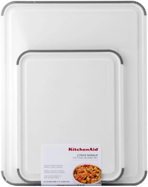 KitchenAid Classic Nonslip 2-Piece Plastic Cutting Board Set with Perimeter Trench and Non Slip Edges, 2-Piece Kitchen Chopping Boards, Dishwasher-Safe, White and Gray