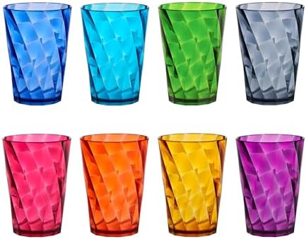 US Acrylic Optix Mini Plastic Reusable Drinking Glasses (Set of 8) 8oz Juice Cups in Jewel Tone Colors | BPA-Free Tumblers, Made in USA | Top-Rack Dishwasher Safe