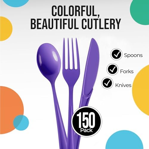 Party Solids Purple Plastic Silverware 150 Pcs Purple Cutlery Set