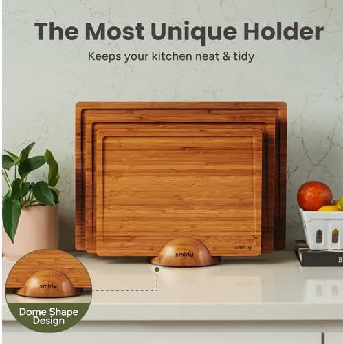 SMIRLY Cutting Board, Carbonized Bamboo Cutting Board Set of 3 with Stand