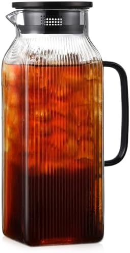 2 Liter/68 oz Square Glass Pitcher with Lid, Classic Stripes Water Pitchers with Handle for Fridge, Large Jug for Iced Tea, Coffee, Borosilicate Glass Carafe for Hot/Cold Brew Drink, Black