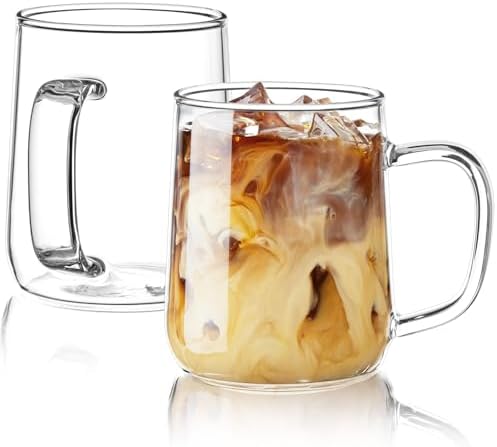 Glass Coffee Mugs, 14 oz Glass Coffee Cups Set of 2, Clear Borosilicate Glass Mugs with Handles for Cappuccino, Tea, Latte, Hot/Cold Beverages, Wine, Americano