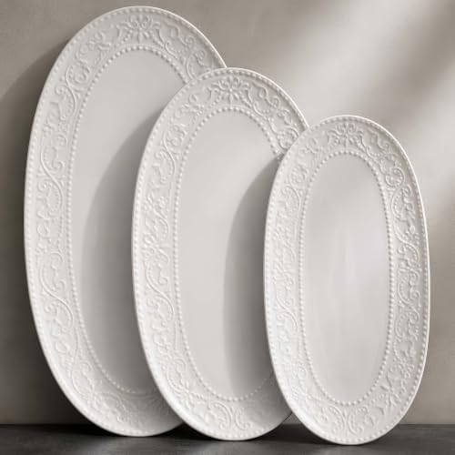 Oval Serving Platter, 14"/12"/10" Ceramic Serving Platters, Embossed White Serving Plates, Stackable Porcelain Tray for Appetizer, Dessert, Pasta, Sushi, Oven Dishwasher Safe, Set of 3, Family Dining