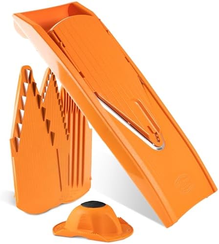 Mandoline Food Slicer Börner V1 (Starter Set) by Reston Lloyd • V-Slicer with 3 Blade Inserts & Food Holder • Made in Germany • Fruit & Vegetable Chopper • Multiple Settings • Color: Orange