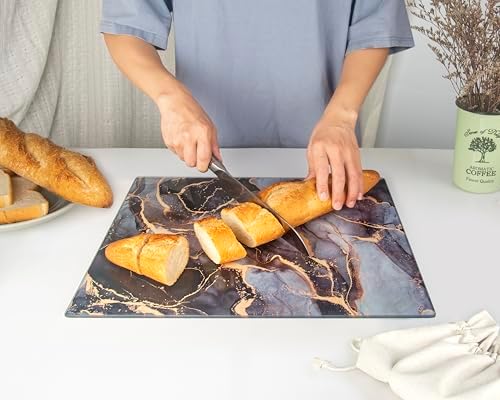 Kitchenville Glass Cutting Board 16"x12": Tempered Glass Kitchen Counter Protector - Durable- Scratch-Resistant, Heat-Proof - Design 8 - Grey & Gold